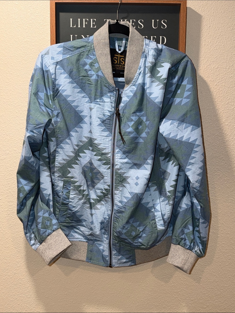 STS Ranchwear Blue and Green Geometric Bomber Jacket